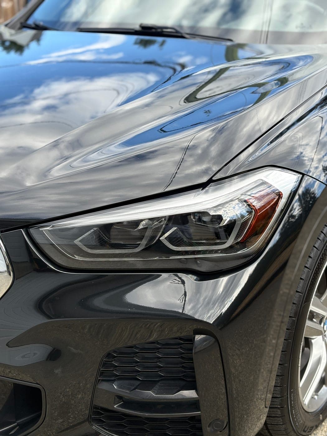 Close-up of a detailed BMW headlight and front fender